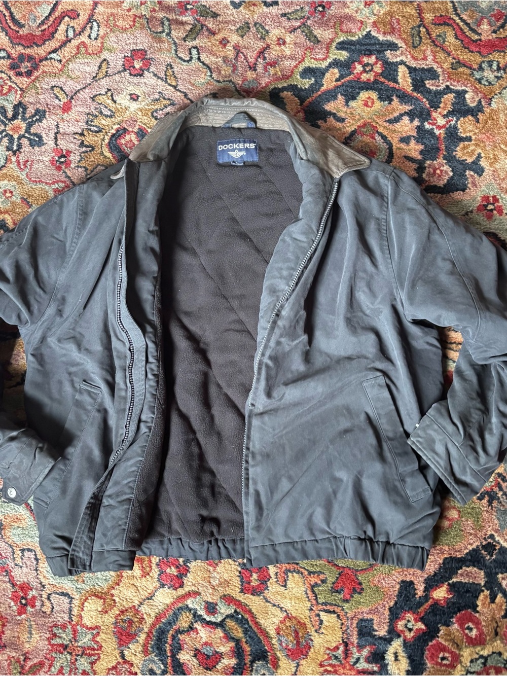 Dockers Weathered Men's Dark Gray Bomber Jacket- Leather Collar- L